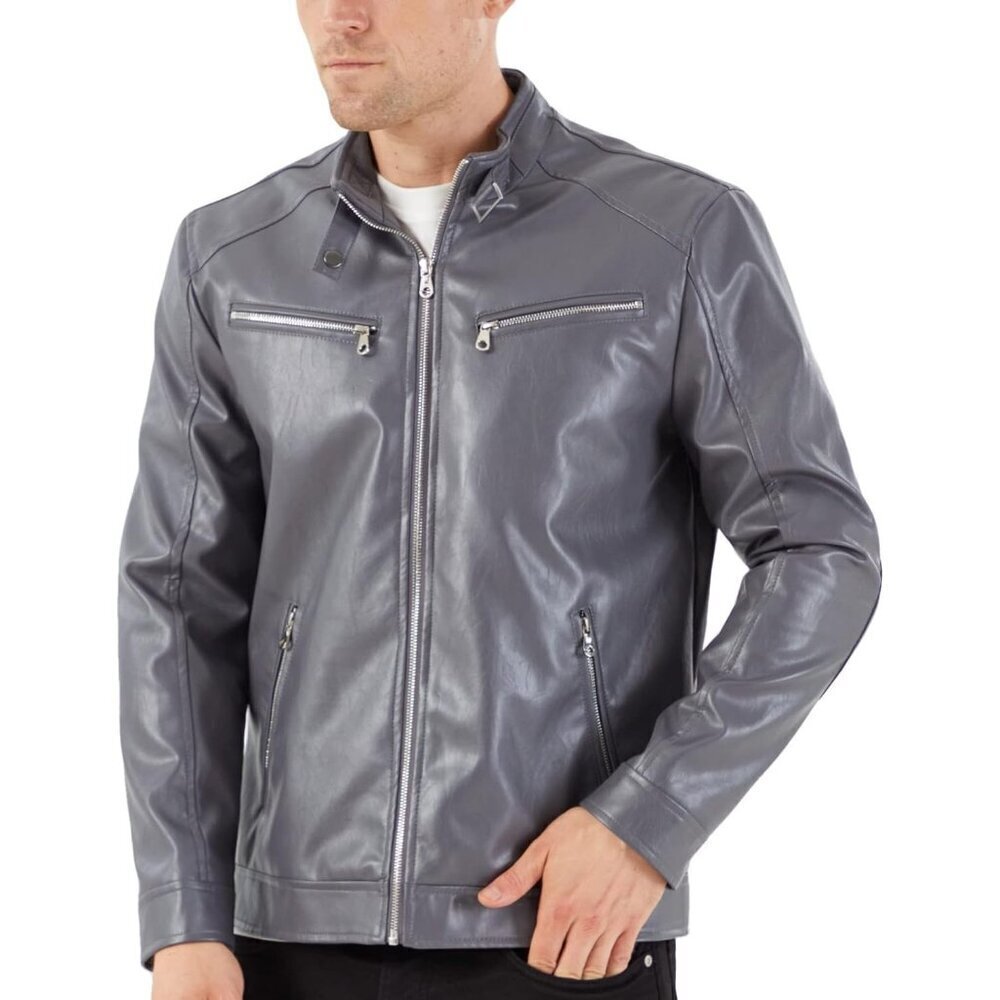 🆕Men's Dark Grey Collar Leather Motorcycle Lightweight Faux Leather Jacket